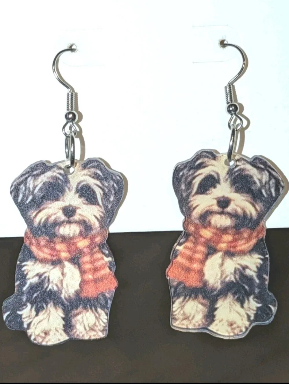 Hand Crafted Black, Cream and Orange Dog Scarf Drop Earrings